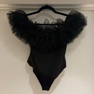 Free People Black Tulle Ruffle Bodysuit